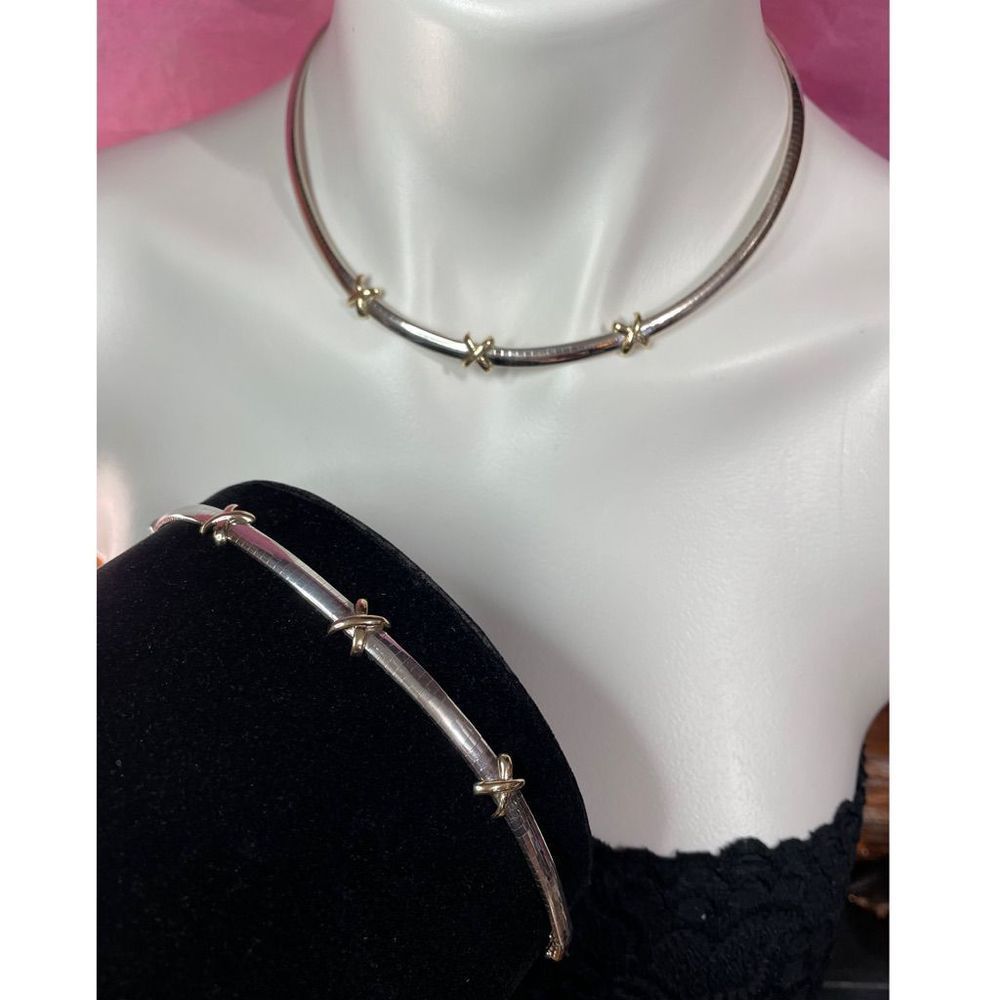 925 Sterling Silver & 14KT Yellow Gold Omega Choker & Matching Omega Bracelet